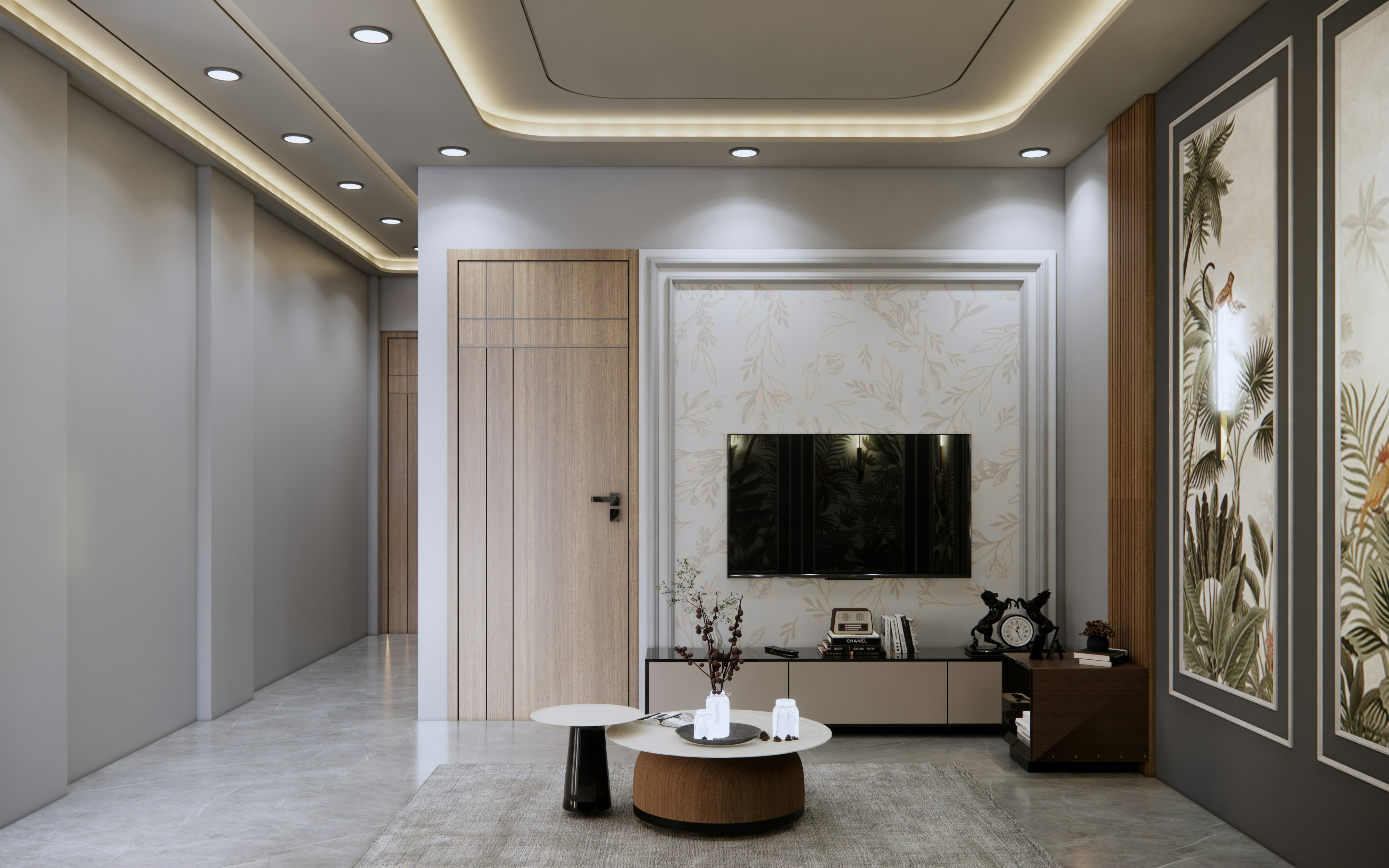 Modern living room interior design by Nakshabanwao. Explore our stunning collection of modern living room interior design photos with a focus on TV unit design. From sleek minimalist setups to cozy contemporary spaces, find inspiration for your next home makeover. Discover trending decor ideas, stylish furniture, and innovative layouts to create a living room that perfectly reflects your taste. Get inspired with high-quality, free-to-use images showcasing elegant and functional TV unit designs. by Home Decorations A living room with a large painting on the wall