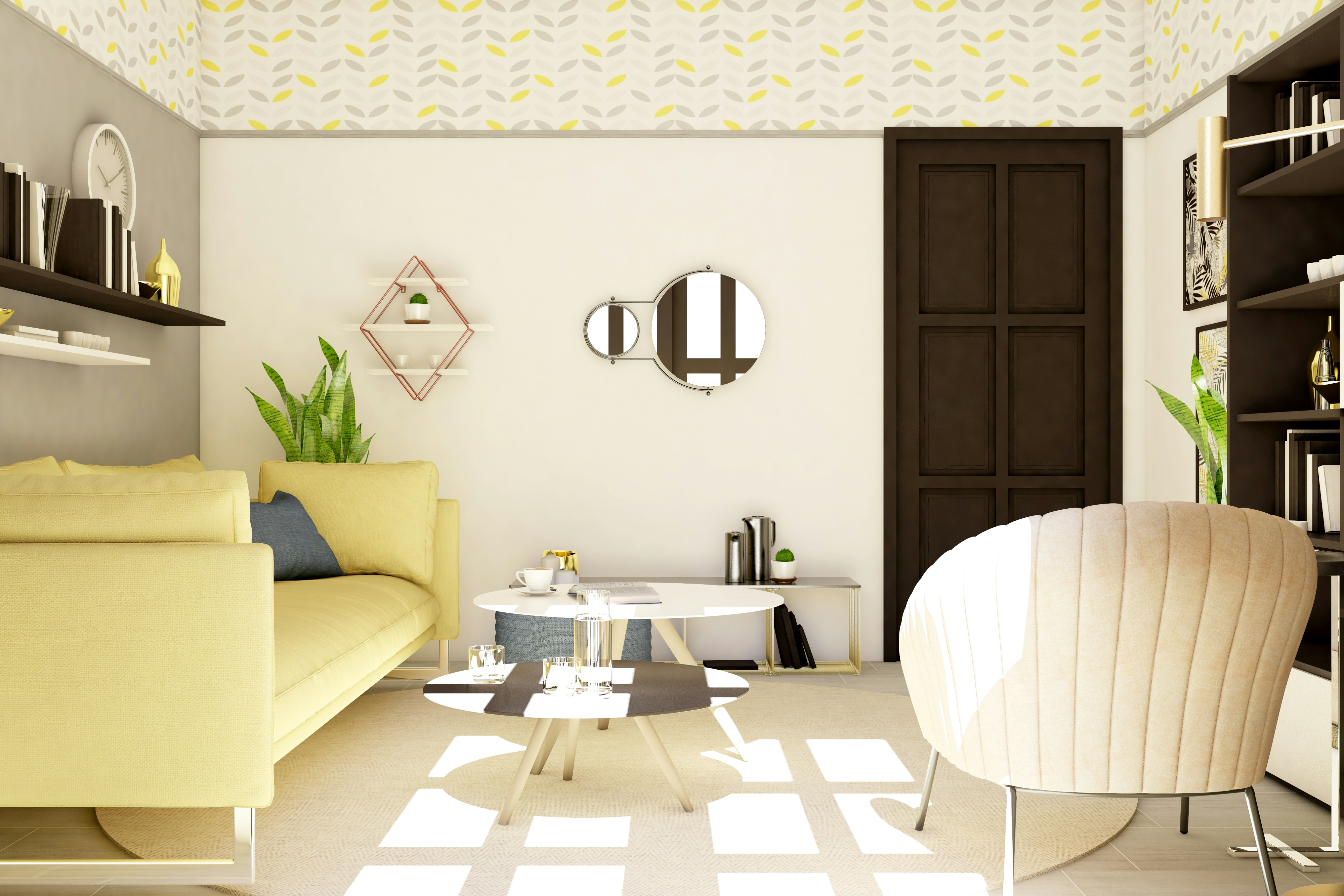 white sofa near brown wooden door